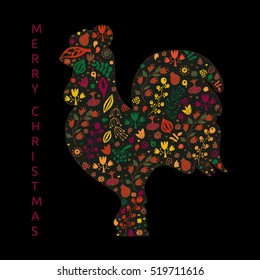 Chinese New Year of the rooster, 2017. Colorful poster of a rooster isolated on black background. Good for prints, covers, posters, cards, gift design. Floral design, doodle