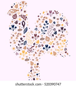 Chinese New Year of the rooster, 2017. Colorful poster of a rooster isolated on black background. Good for prints, covers, posters, cards, gift design. Floral design, doodle