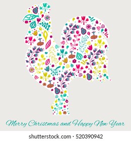 Chinese New Year of the rooster, 2017. Colorful poster of a rooster isolated on black background. Good for prints, covers, posters, cards, gift design. Floral design, doodle