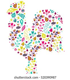 Chinese New Year of the rooster, 2017. Colorful poster of a rooster isolated on black background. Good for prints, covers, posters, cards, gift design. Floral design, doodle