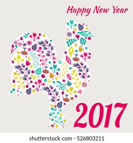 Chinese New Year of the rooster, 2017. Colorful poster of a rooster. Good for print, cover, poster, card, gift design. Floral design, doodle