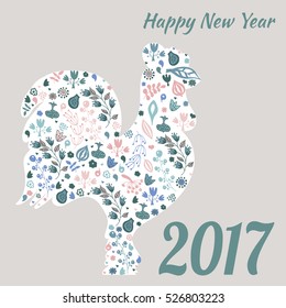 Chinese New Year of the rooster, 2017. Colorful poster of a rooster. Good for print, cover, poster, card, gift design. Floral design, doodle