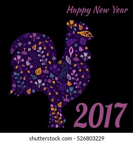 Chinese New Year of the rooster, 2017. Colorful poster of a rooster. Good for print, cover, poster, card, gift design. Floral design, doodle