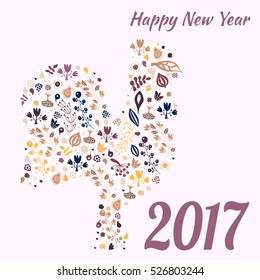 Chinese New Year of the rooster, 2017. Colorful poster of a rooster. Good for print, cover, poster, card, gift design. Floral design, doodle