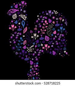 Chinese New Year of the rooster, 2017. Colorful poster of a rooster isolated on black background. Good for prints, covers, posters, cards, gift design. Floral design, doodle