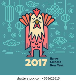 Chinese New Year of the rooster 2017 modern flat line greeting card, poster, flyer, background. Asian lunar traditional festive vector elements, lantern, firework. Translation - rooster, good luck