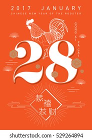 chinese new year of the rooster. chinese calendar template vector illustration with chinese characters that mean wishing you prosperity