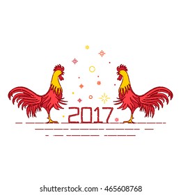 Chinese New Year rooster decoration design template on white background. Greeting card with red cocks - symbol of 2017. 