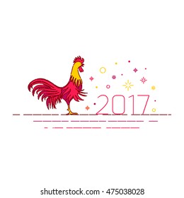 Chinese New Year rooster design template on white background. Greeting card with a red cock - symbol of 2017. Vector illustration.