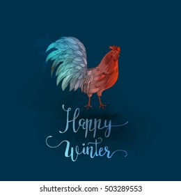 Chinese New Year of the Rooster. Graphic imitation of watercolor painting. Rooster Chinese Painting. New Year vector card. Happy winter.