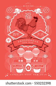 chinese new year of the rooster greetings template vector/illustration with chinese characters that mean wishing you luck in the year of the rooster, fortune and wishing you prosperity
