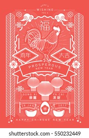 chinese new year of the rooster greetings template vector/illustration with chinese characters that mean wishing you luck in the year of the rooster, fortune and wishing you prosperity