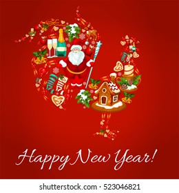 Chinese New Year rooster with Santa, gift, snowman, pine tree, holly berry, bell, bauble ball, snowflake, candle and santa hat, gingerbread man, poinsettia and clock. New Year greeting card