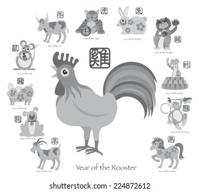 Chinese New Year of the Rooster with Twelve Zodiacs with Chinese Symbol for Rat Ox Tiger Dragon Rabbit Snake Monkey Horse Goat Rooster Dog Pig Text in Circle Grayscale Vector Illustration