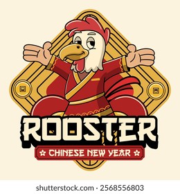 Chinese New Year Rooster Zodiac Cartoon Character in Retro Vintage Illustration for sticker, poster, flyer, brochure, invitation, greeting card, banner