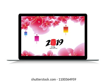 Chinese new year with sakura blossom on laptop. Year of the pig