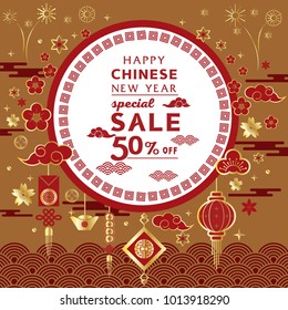 Chinese New Year sale banner design with traditional Asian element patterns, oriental flowers, clouds.Can be used edit text for greeting card - Happy new Year. Vector illustration.