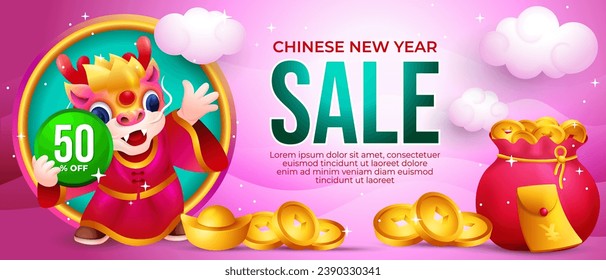 Chinese New year sale banner, cute  dragon with golden ingots, coin and cloud in the pink sky