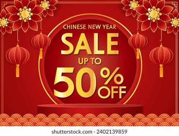 Cartel de la venta de año nuevo en China. Feliz año nuevo chino 2024. Plantilla de promoción de ventas de Año Nuevo chino.