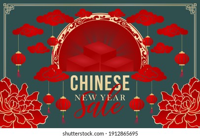 Chinese New Year Sale with dark green backgrounds. Happy Chinese New Year Sale with Flower Peony and lantern, applicable for banner, greeting cards, flyer, poster, social media and store.
