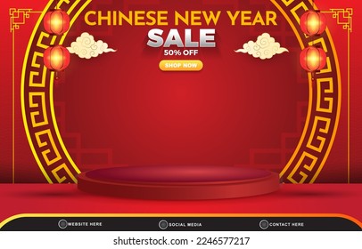 chinese new year sale discount template banner with blank space 3d podium for product sale with abstract gradient red background design