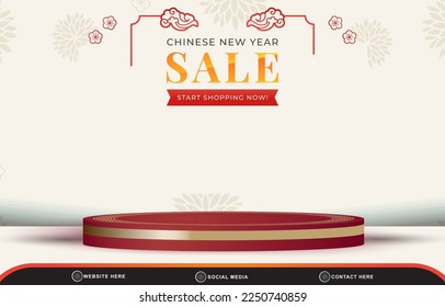 chinese new year sale discount template banner with blank space 3d podium for product sale with abstract gradient white and red background design