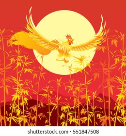 Chinese New Year Sale Poster Flyer Mockup with Golden Fire Rooster Martial Arts Character Over Bamboo Plant Background Card Template Layout Vector Illustration
