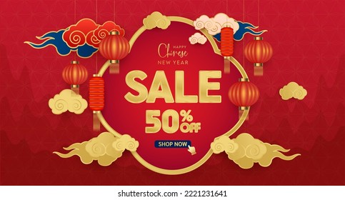 Chinese New Year Sale. Shopping poster banner with special offer Sale 50% Off campaign. Template design for social media. On red mountain background with clouds, lanterns. Vector EPS10 illustration.