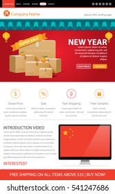 Chinese New Year Sale Web-site Design Template Mockup China Shop with Lanterns under Roof Header Layout Vector Illustration