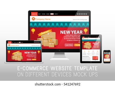 Chinese New Year Sale Web-site Design Template Mockup China Shop with Lanterns under Roof Header Layout Vector Illustration on Laptop, Tabletop, Tablet and Smartphone