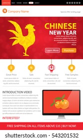 Chinese New Year Sale Website Mockup China Shop with Lanterns  and Fire Rooster Golden Header Template Layout Vector Illustration
