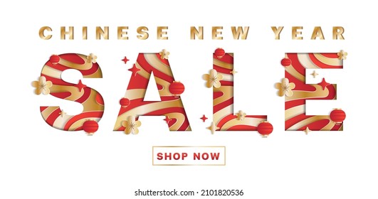 Chinese New Year Sale Word Abstract White Paper Blissful Wealth Lucky  Flower Lantern Lunar Festival Sparkle Shine Gradient Gold Red Mountain Geography Contour Map 3D Layer Line Cutout Card Web Banner