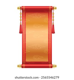 Chinese New Year scroll with gold and clouds pattern realistic vector illustration. Asian manuscript with copy space 3d object on white