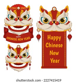 Chinese new year scroll greeting card horizontal and vertical template, decorated with lion dance head cartoon character vector