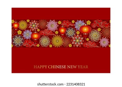 chinese new year seamless banner with flowers and lanterns