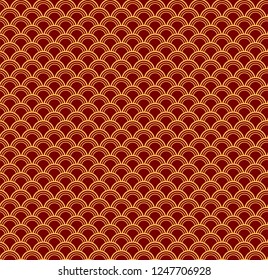 Chinese New Year seamless geometric pattern, golden on red. Vector illustration. Flat style design. Concept for holiday banner, greeting card, decorative element, textile print, wrapping paper.