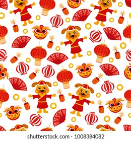 Chinese New Year seamless pattern. Vector illustration with dog, lantern and traditional symbols of Chinese New Year. For printing, backdrop and textile.