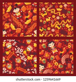 Chinese new year seamless pattern vector traditional red lantern oriental decoration of china culture for asian holiday celebration illustration set of backdrop festival dragon character background