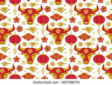 Chinese New Year seamless pattern. Year of the bull 2021 Repeating texture, background. Vector illustration