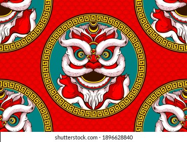 chinese new year seamless pattern, lion dance head, illustration Comic Images style.