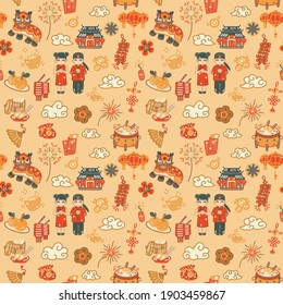 Chinese New Year seamless pattern with Chinese boy and girl, lanterns, fireworks, firecrackers, flowers, mandarin orange, dumplings, gold and money, cloud, lion, and Chinese building with background. 