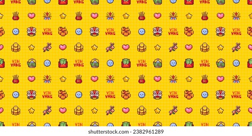 Chinese New Year Seamless Pattern in Pixel Art Retro 8bit Style. Cartoon Festive Ornament For Lunar Chinese New Year Decoration. Yellow Grid Asian Vector Game Arcade Motif. Dragon Mask, Red Envelope.