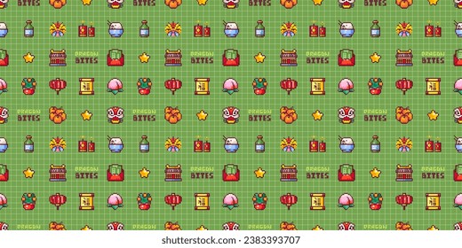 Chinese New Year Seamless Pattern in Pixel Art Retro 8bit Style. Cartoon Festive Ornament For Lunar Chinese New Year Decoration. Green Grid Asian Vector Game Arcade Motif. Dragon, Lanterns, Mandarin.