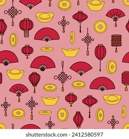 Chinese new year seamless pattern of red and gold things
