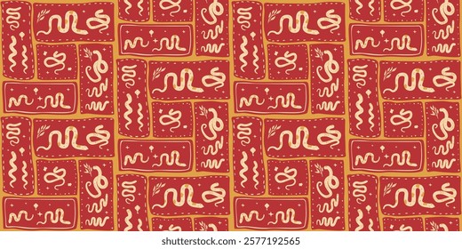 Chinese New Year seamless pattern. Zodiac snakes bento grid endless background. Cny celebration modular mosaic repeat cover. Lunar party folk continuous ornament. Vector red illustration.