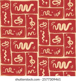 Chinese New Year seamless pattern. Snakes bento grid endless background. Cny celebration modular mosaic repeat cover. Lunar party continuous ornament. Surface pattern design motif. Vector illustration