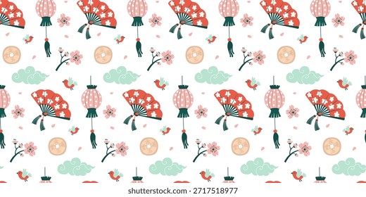 Patrón inconsútil chino del año Nuevo con las linternas, los ventiladores y los cerezos en flor. Patrón de repetición del festival de primavera, diseño plano del Vector del año Nuevo lunar. Patrón Oriental sin fisuras con Sakura