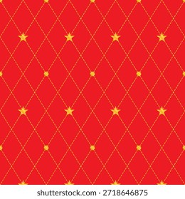 Chinese New Year seamless pattern of golden dashed diamond lines with stars and dots on red background.Luxury Argyle repeat pattern for Lunar New Year.Harlequin wallpaper in red and gold.