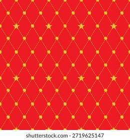 Chinese New Year seamless pattern of golden dashed diamond lines with stars and dots on red background.Luxury Argyle repeat pattern for Lunar New Year.Harlequin wallpaper in red and gold.