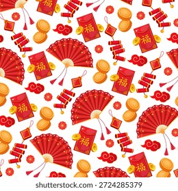 Padrão chinês sem emenda do ano novo com ventiladores de papel vermelho, envelopes vermelhos da sorte, fogos de artifício, moedas de ouro e símbolos festivos tradicionais no fundo branco, impressão decorativa do vetor do feriado do ano novo lunar.